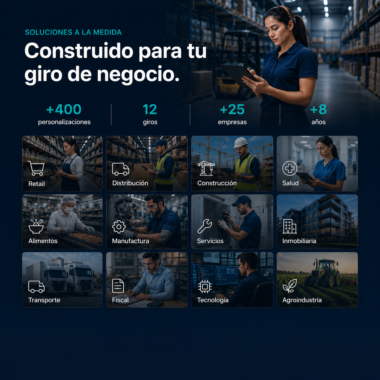 Soluciones a la medida por giro de negocio: +400 personalizaciones en 12 industrias — retail, distribución, construcción, salud, alimentos, manufactura, servicios, inmobiliaria, transporte, fiscal, tecnología y agroindustria