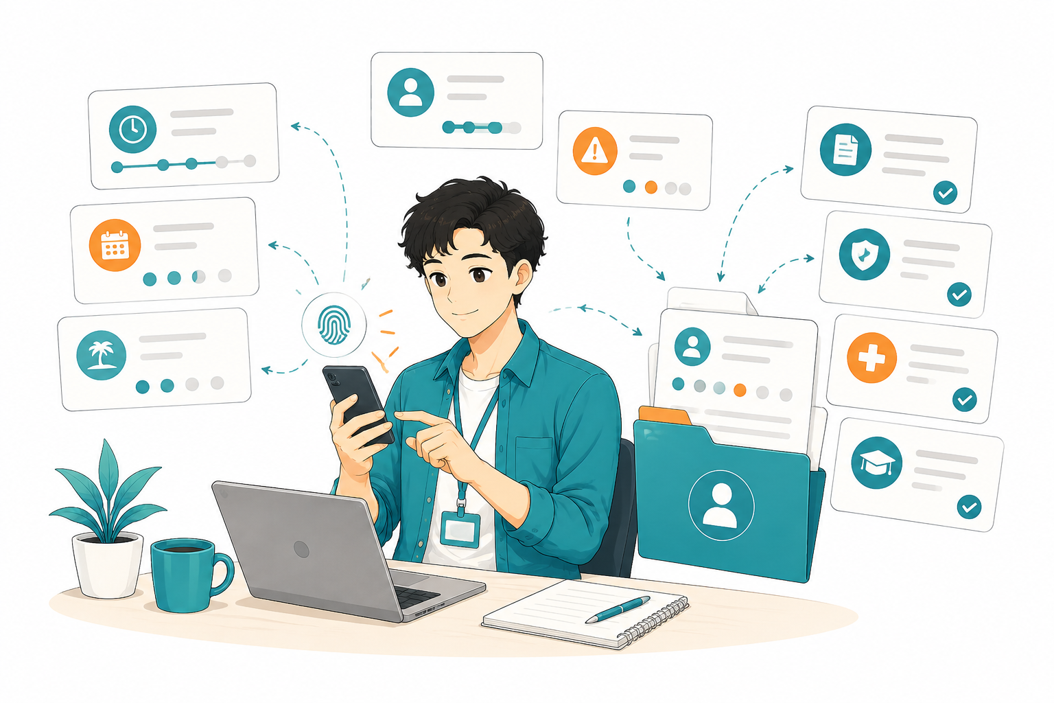 El colaborador marca asistencia desde su celular mientras su expediente digital se llena solo: asistencia, incidencias, vacaciones y documentos.