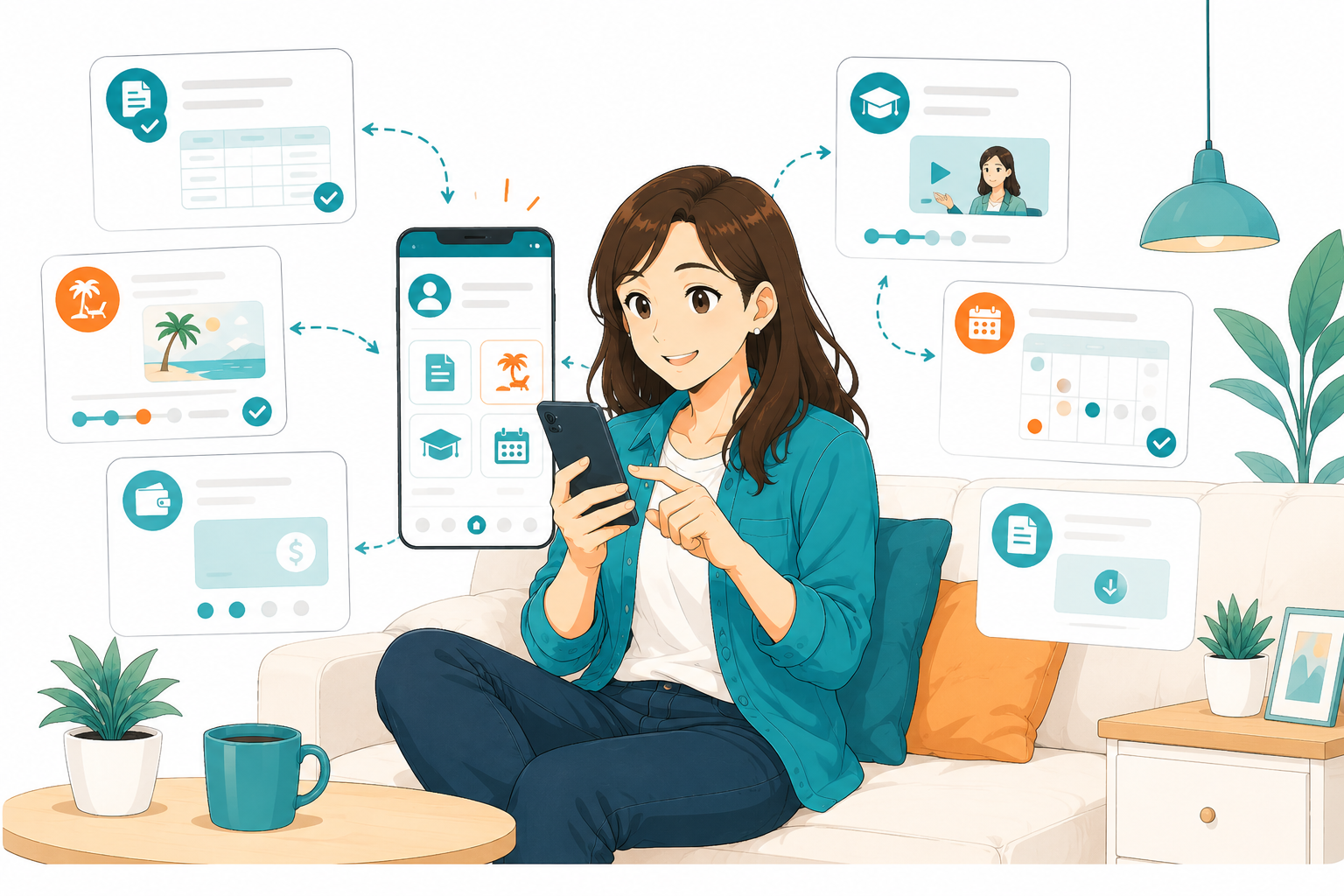 Una colaboradora usa la app del portal desde su casa: recibos, vacaciones, cursos y pagos a la mano.