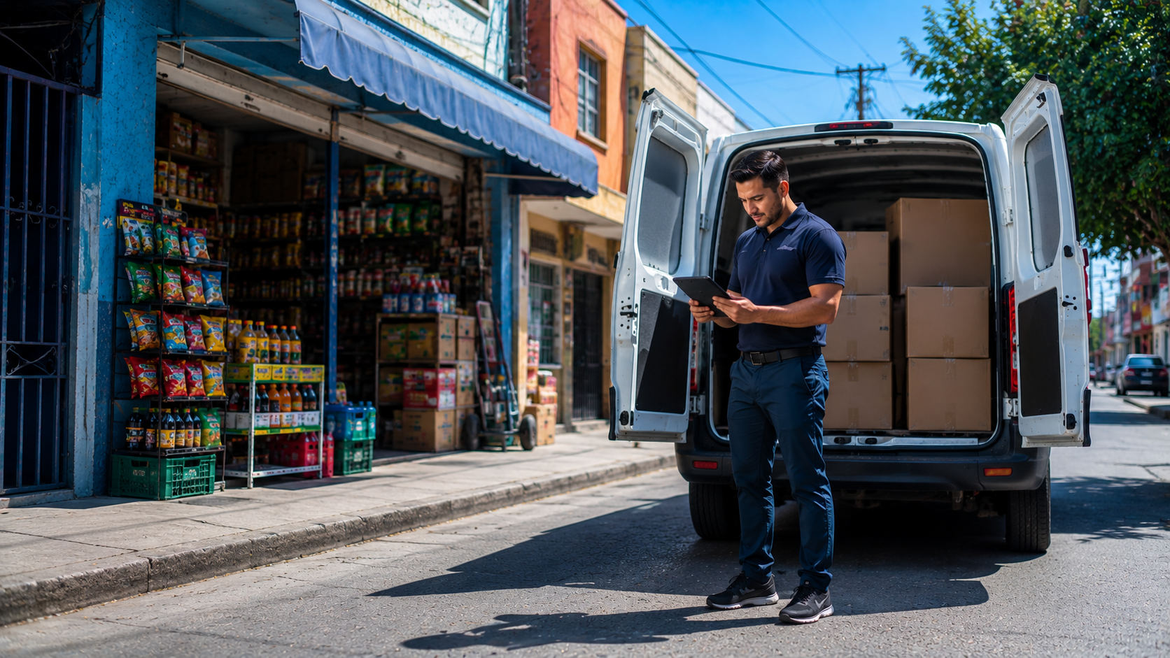 Vendedor de ruta consultando la app RuTrack en su celular, frente a una tienda al atardecer